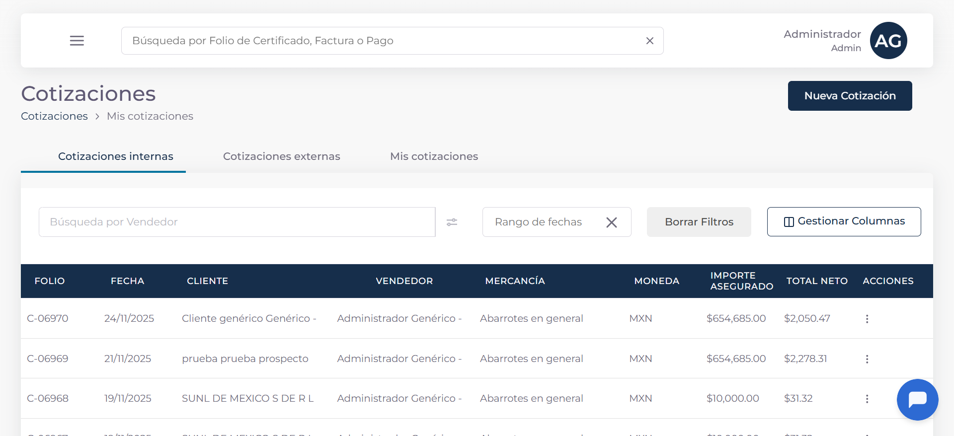 Módulo de cotizaciones